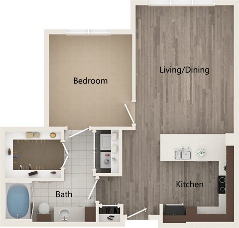 A floor plan of a small apartment with a bedroom, bathroom, kitchen, and living/dining area.